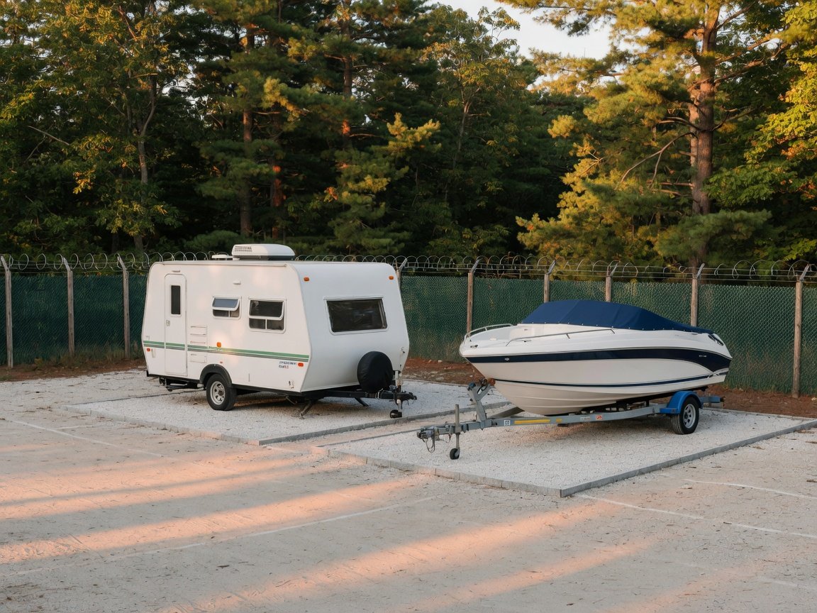 Boat on a trailer stored next to a small camper
