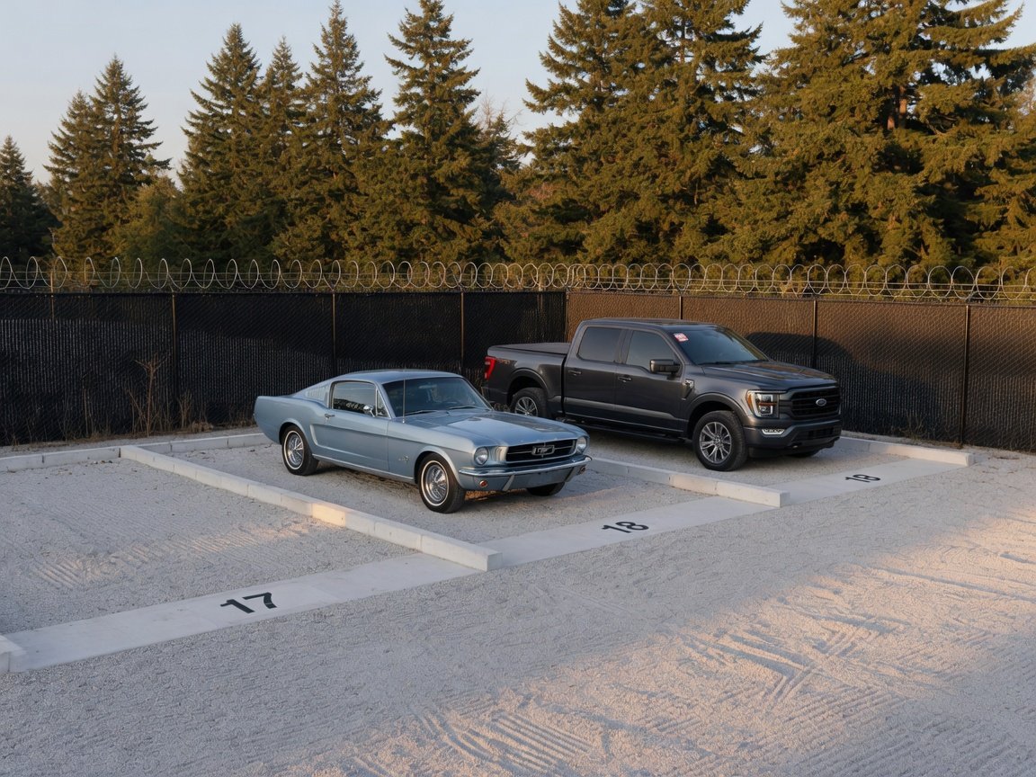 Collector car and pickup truck on numbered storage pads